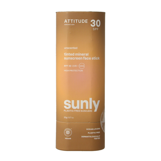 Attitude Sunly SPF30 tinted face sunscreen stick, 20g, with a twist-up applicator and light tinted formula for face protection.
