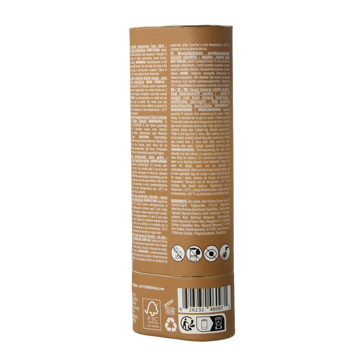Attitude Sunly gezichtszonnebrandstick SPF30 getint, 20g, with natural beige tint and compact sun protection for face.