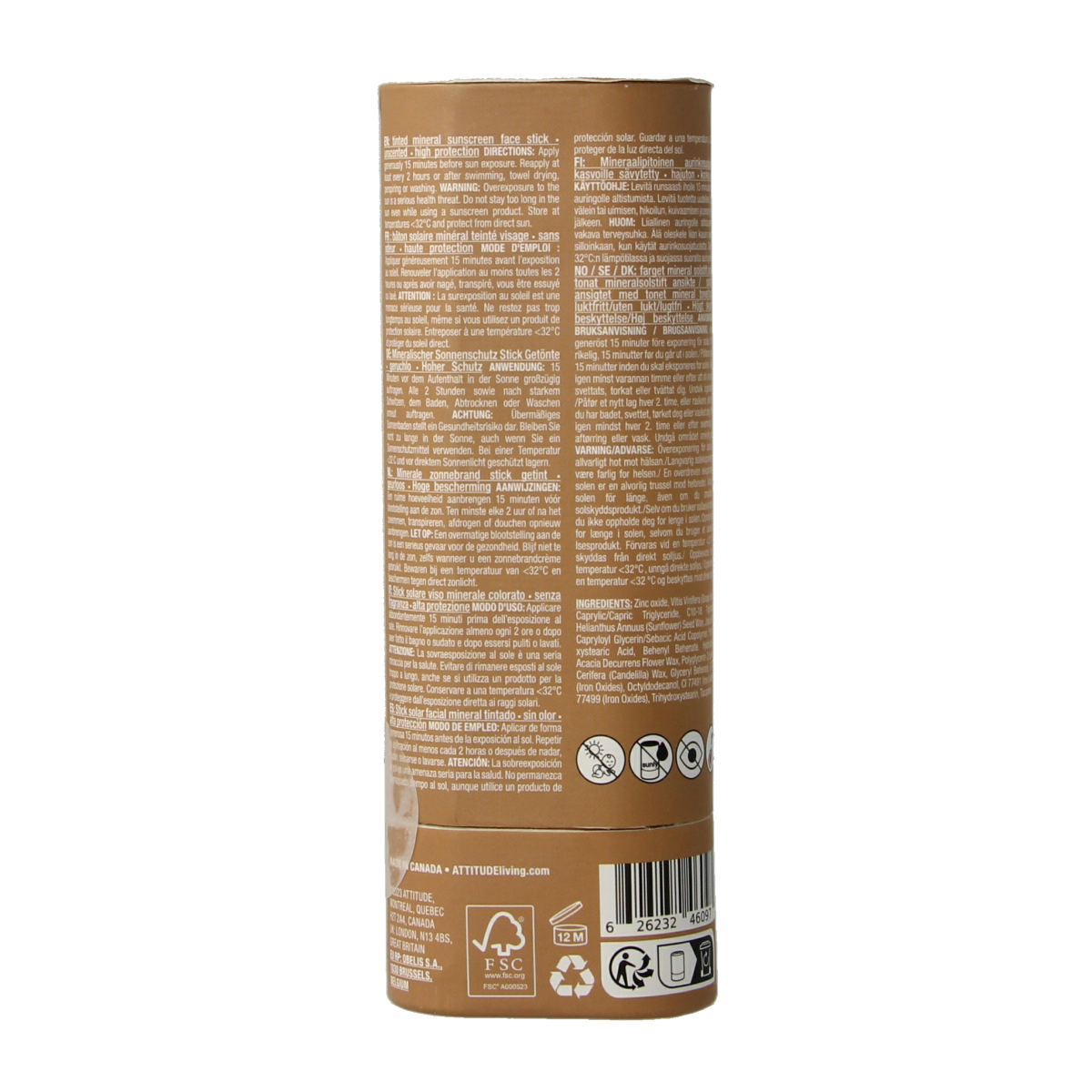 Attitude Sunly gezichtszonnebrandstick SPF30, getinte zonnebrandstick for face, 20g, with natural, smooth application.