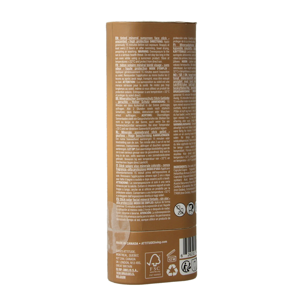 Attitude Sunly SPF30 tinted face sunscreen stick, 20g, with natural beige color, designed for sun protection and skin care.