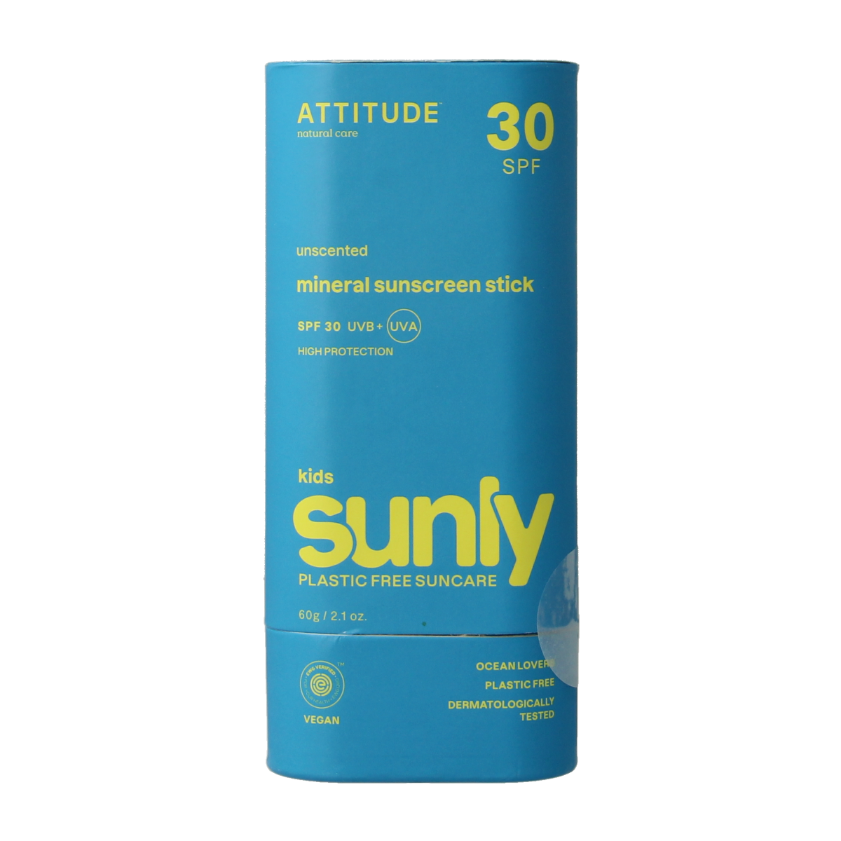 Attitude Sunly zonnebrandstick kids SPF30 in a 60g tube, natural sunscreen for children, with a smooth application and protective formula.