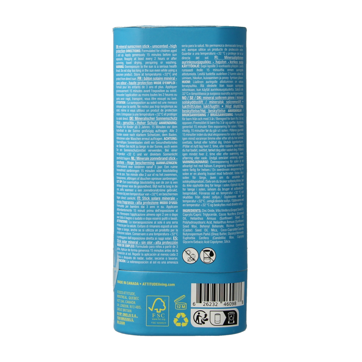 Attitude Sunly zonnebrandstick for kids SPF30, 60g, creamy sun protection stick with kid-friendly formula and easy application.