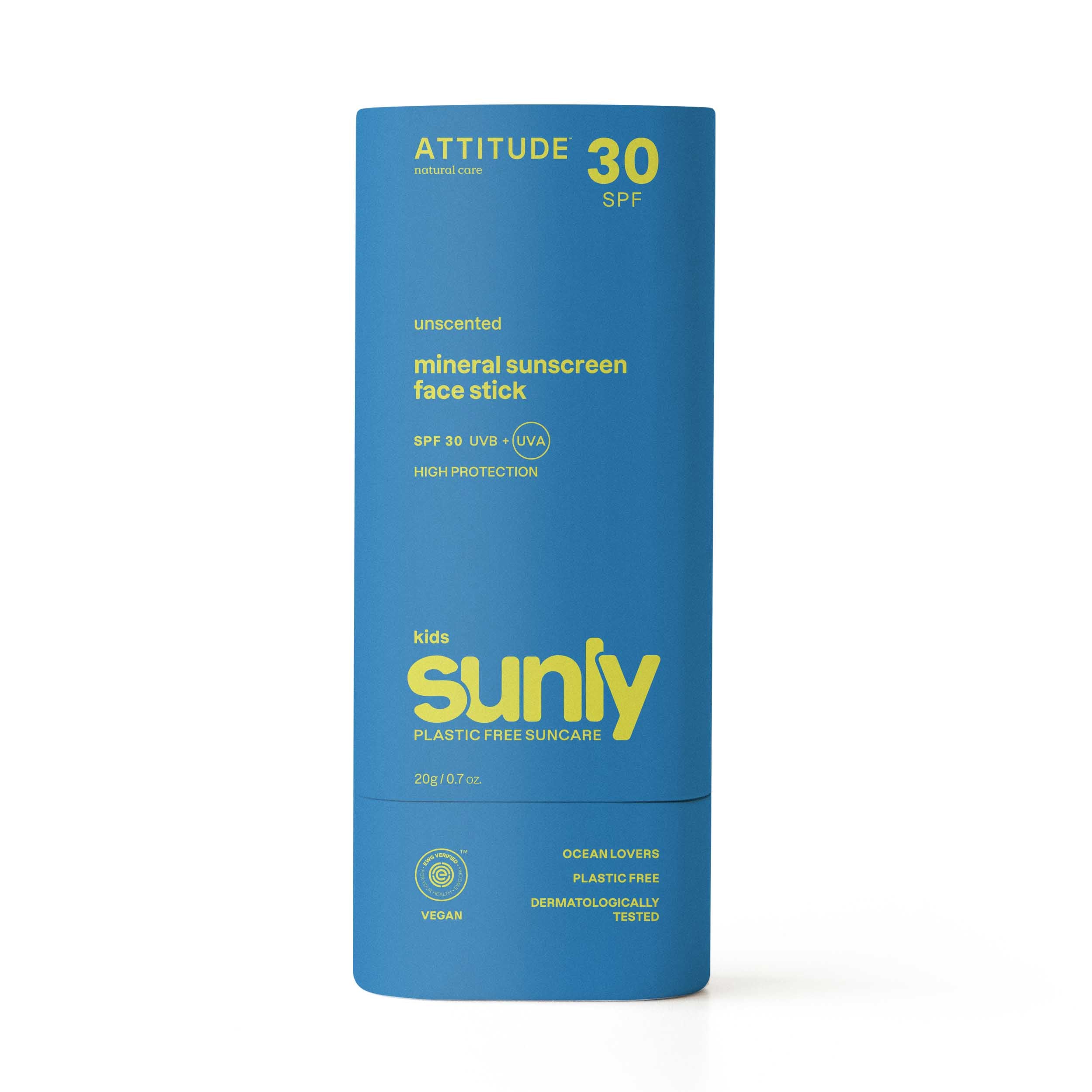 Attitude Sunly kids SPF30 face sunscreen stick in 20g, portable sun protection for children's delicate skin.