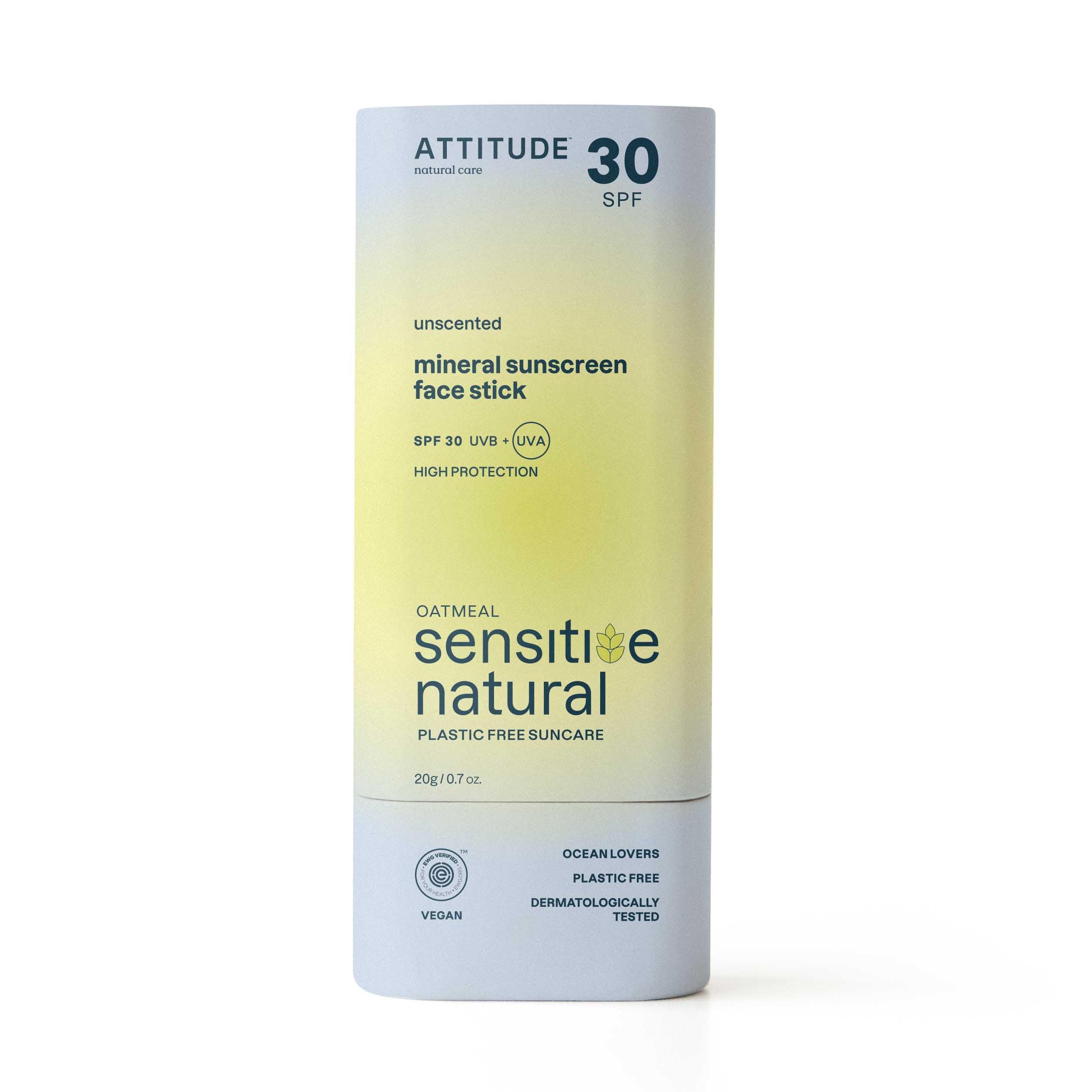 Attitude Sunly SPF30 gezichtszonnebrandstick for sensitive skin, 20g, with a white stick and SPF label, suitable for facial sun protection.
