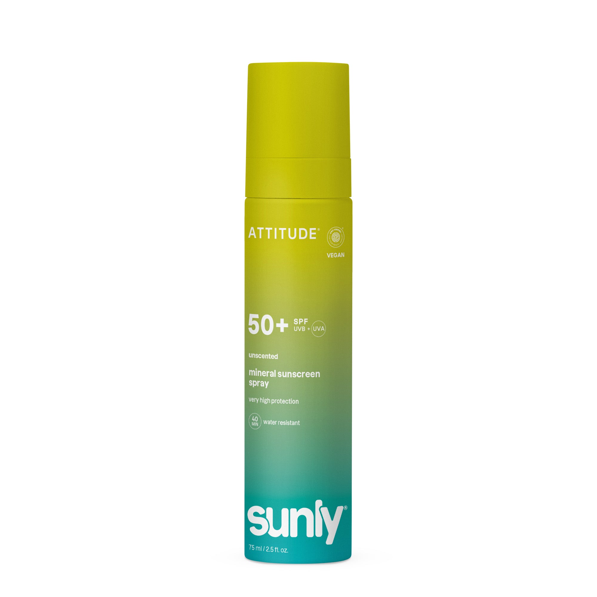 Attitude ATT SUNLY Sunscreen spray SPF50 unscented, 75ml bottle, clear spray nozzle, shown on a white background