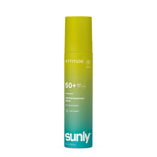 Attitude ATT SUNLY Sunscreen spray SPF50 unscented, 75ml bottle, clear spray nozzle, shown on a white background