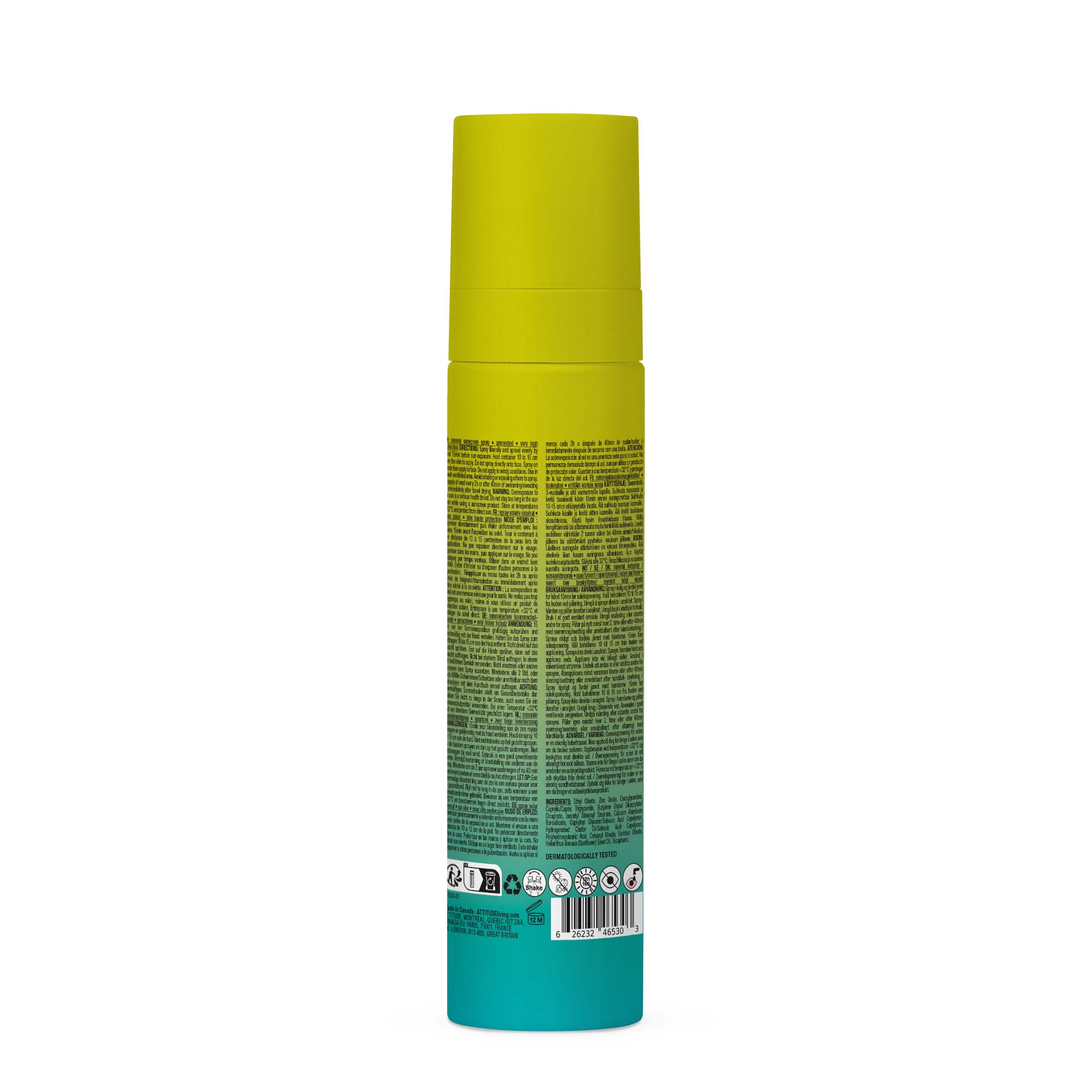 Attitude ATT SUNLY Sunscreen Spray SPF50 unscented in 75ml bottle, sun protection product with spray nozzle and label details.