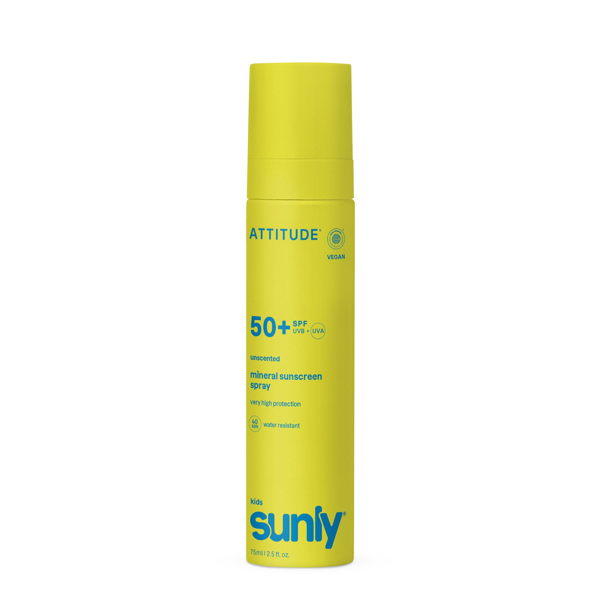 Attitude ATT SUNLY Kids SPF50 unscented sunscreen spray in 75ml bottle, easy-to-apply sun protection for children