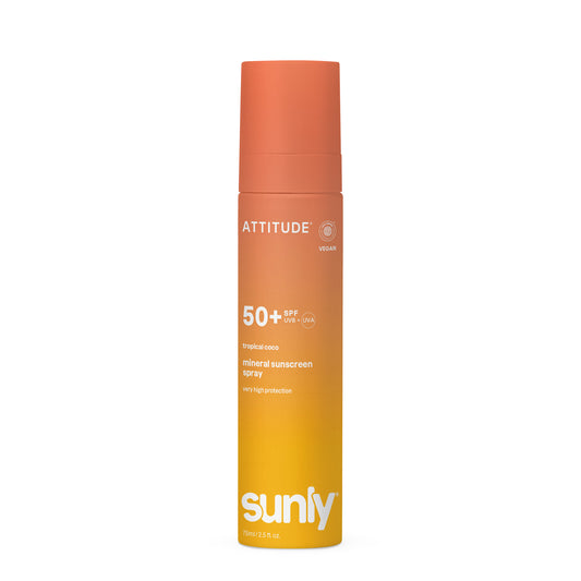Attitude ATT Sunly Sunscreen Spray SPF50 Tropical Coconut 75ml bottle, with tropical coconut scent and sun protection spray design.