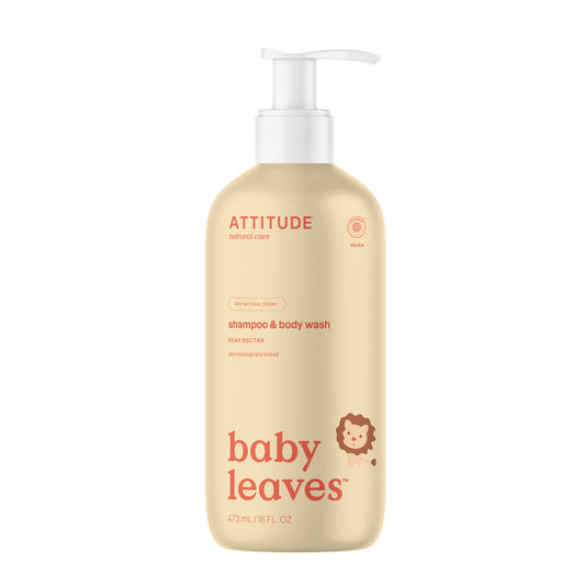 Attitude 2-in-1 baby shampoo with pear nectar, 473ml, gentle baby and toddler hair and body wash.