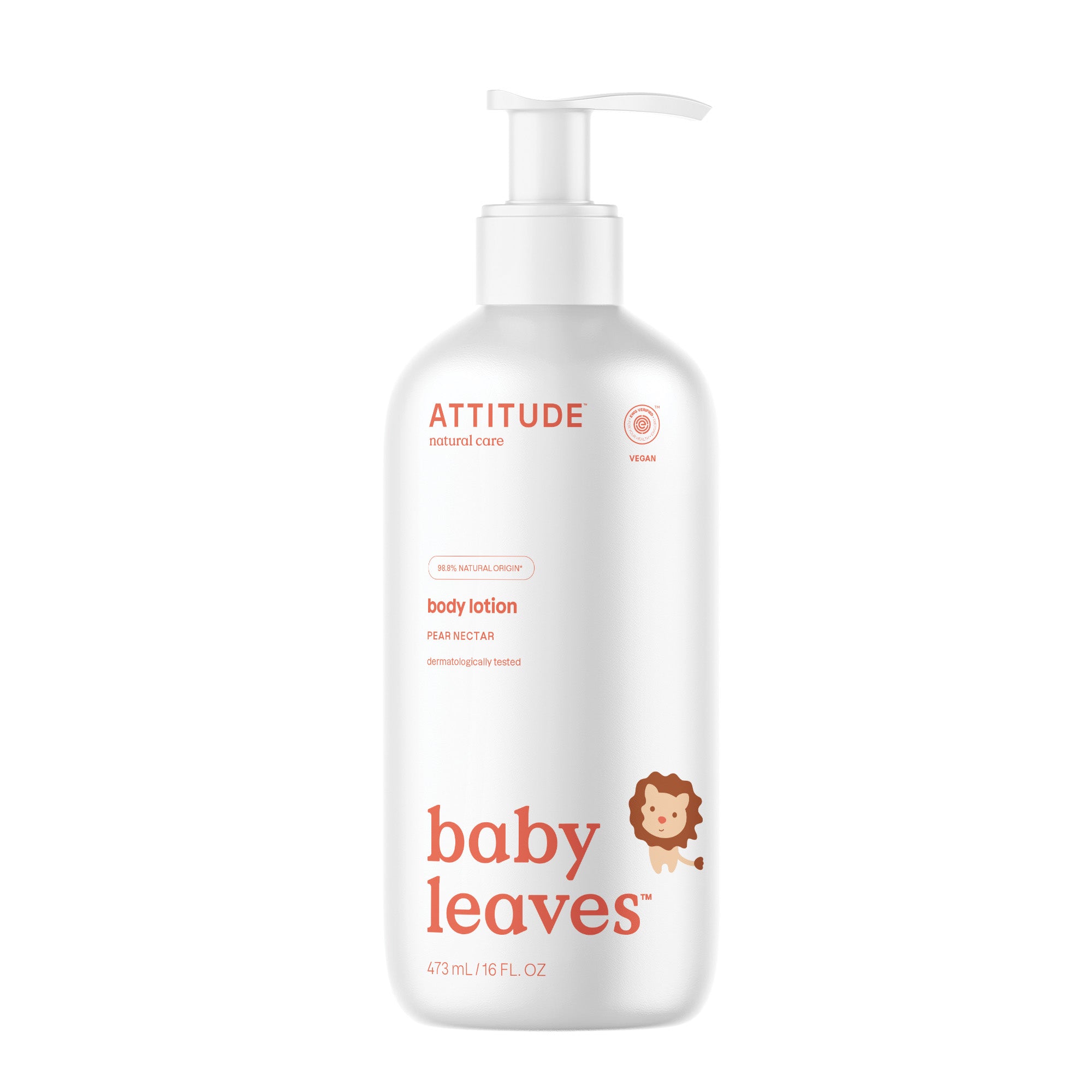 Attitude Baby Leaves Pear Nectar body lotion in a 473ml bottle, gentle for baby and toddler skin, with natural leaf and pear imagery.