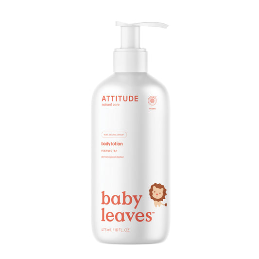Attitude Baby Leaves Pear Nectar body lotion in a 473ml bottle, gentle for baby and toddler skin, with natural leaf and pear imagery.