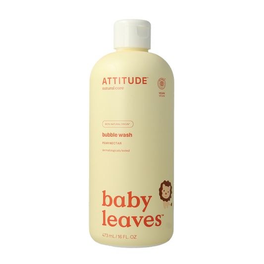 Attitude Bubbelzeep baby leaves pear nectar in a 473ml bottle, gentle baby and toddler cleansing product with natural ingredients.