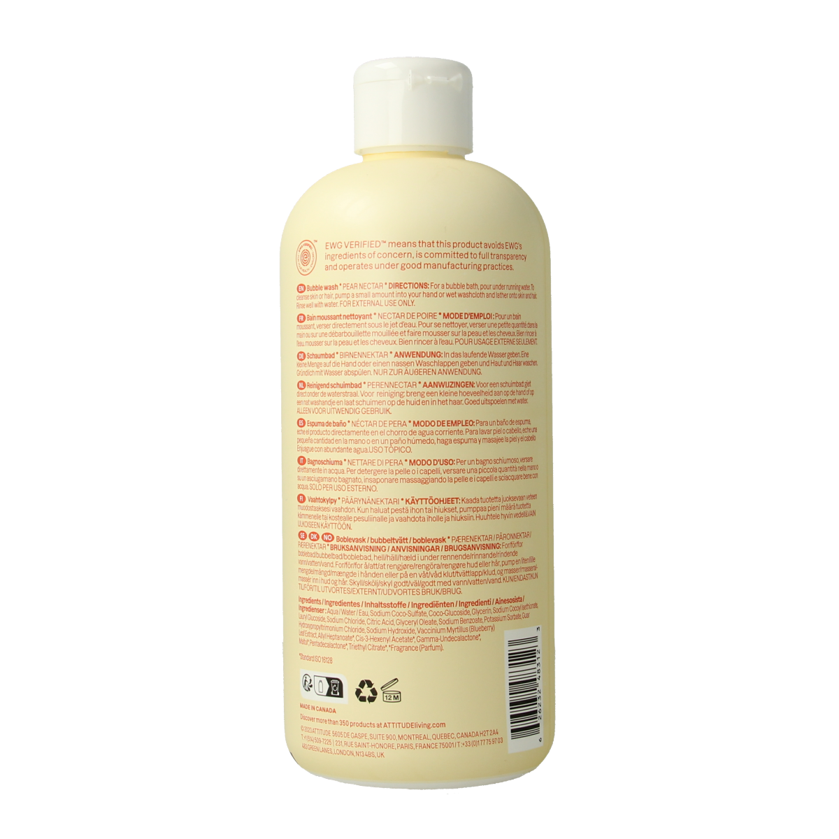 Attitude Bubbelzeep baby leaves pear nectar, 473ml, gentle baby and toddler cleansing soap with natural ingredients and soft lather.