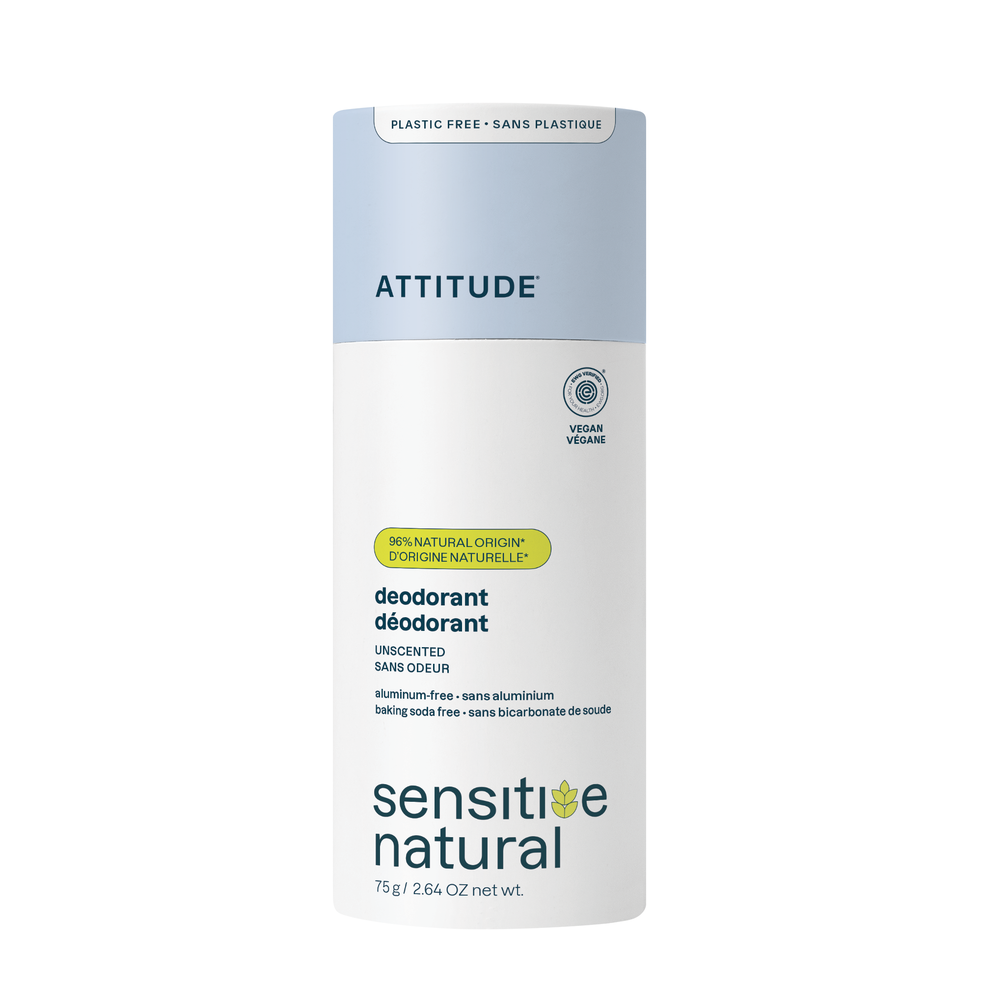 Attitude deodorant with super leaves scent, 75g, free of baking soda and fragrances, natural deodorant for daily use