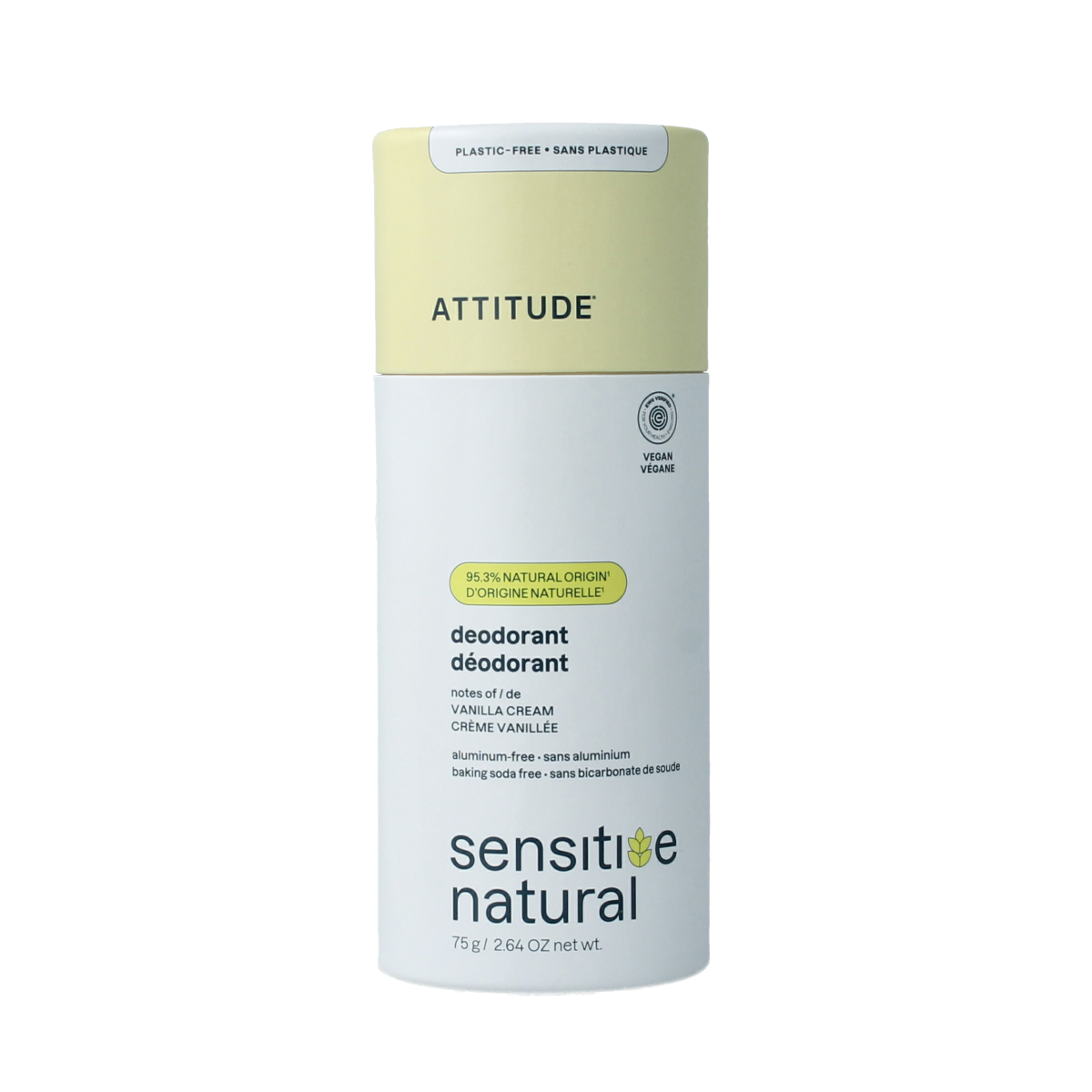 Attitude deodorant stick with vanilla cream scent, 75g, featuring natural ingredients and super leaves for fresh odor control.
