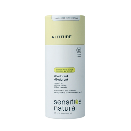 Attitude deodorant stick with vanilla cream scent, 75g, featuring natural ingredients and super leaves for fresh odor control.