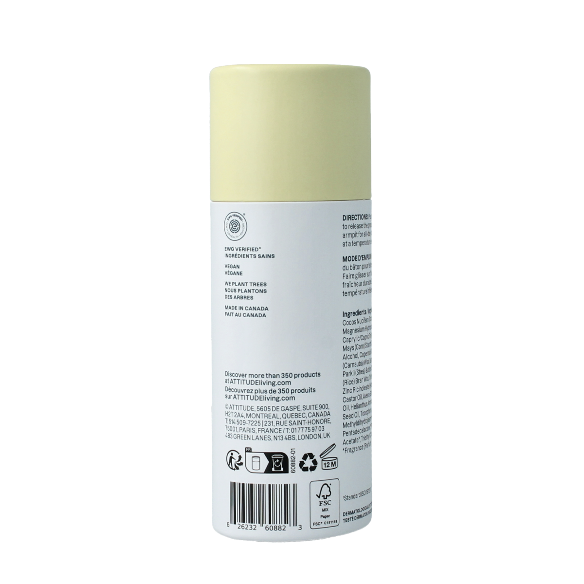 Attitude deodorant with vanilla creme scent, baksoda-free, 75g stick shown in a sleek packaging.
