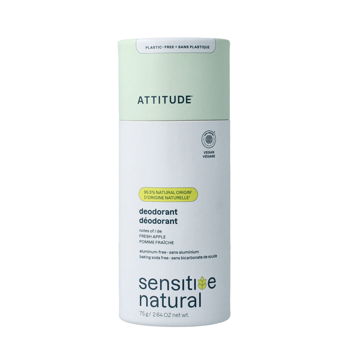 Attitude deodorant with super leaves and fresh apple scent in a 75g packaging, natural baksoda free formula, front view.