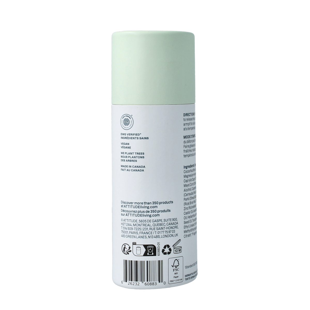 Attitude brand deodorant with super leaves scent, featuring a fresh apple flavor, in a 75g container with baking soda free formula.