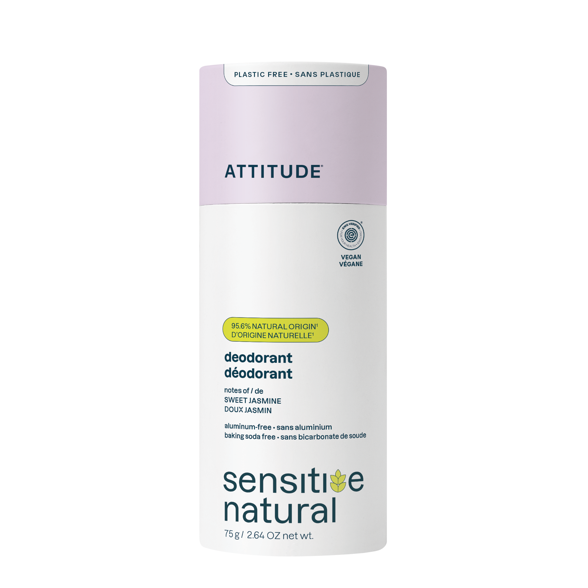 Attitude deodorant with baking soda, sweet jasmine scent, 75g, featuring natural leaves and floral packaging.