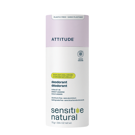 Attitude deodorant with baking soda, sweet jasmine scent, 75g, featuring natural leaves and floral packaging.