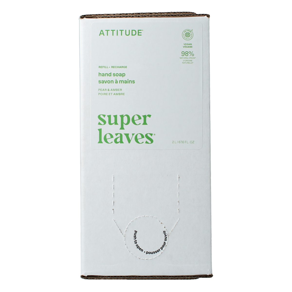 Attitude Super Leaves hand soap refill in pear amber eco packaging, 2-liter bottle with natural leaf design on the label.