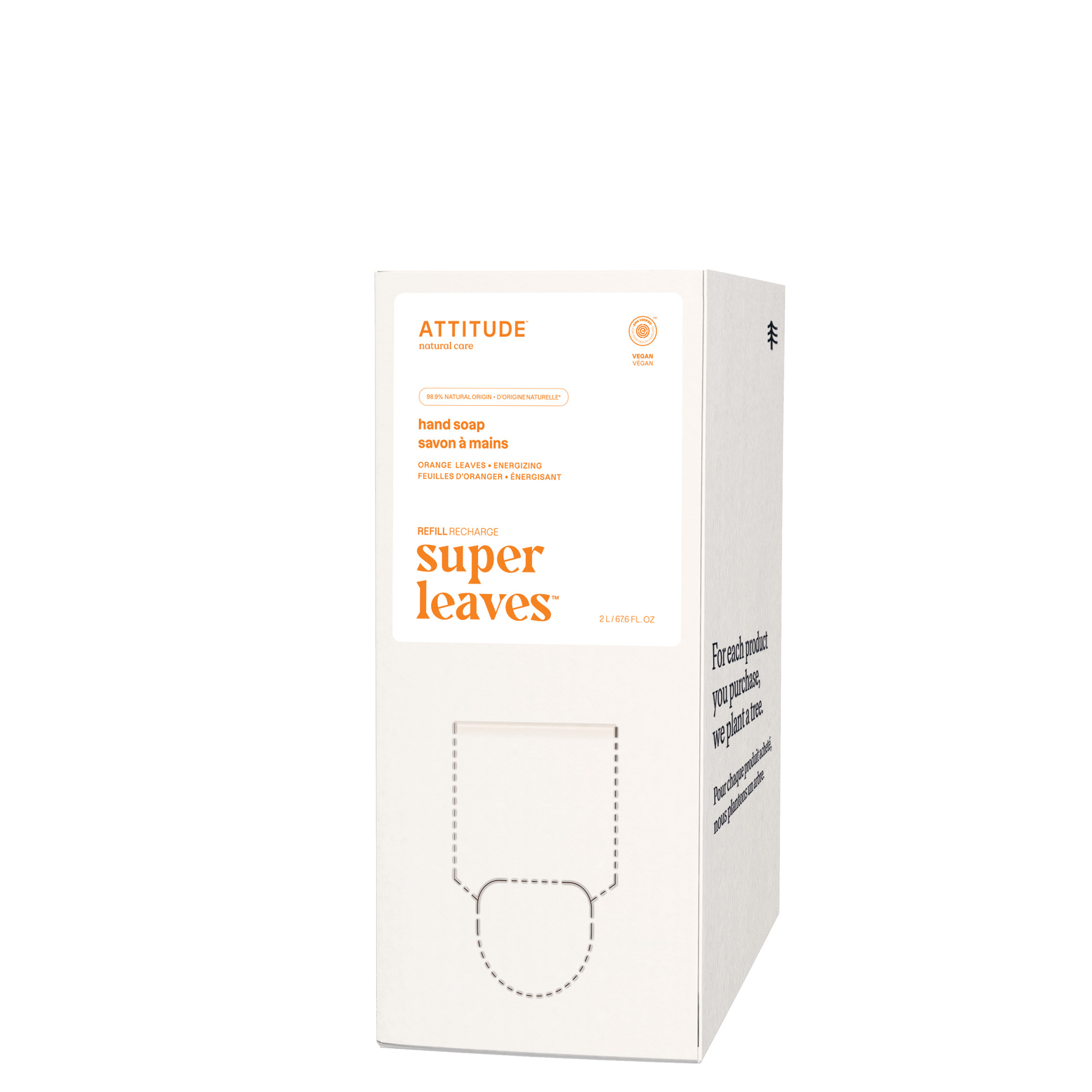 Attitude Super Leaves hand soap with orange leaves eco refill, 2-liter bottle, natural plant-based cleansing product.