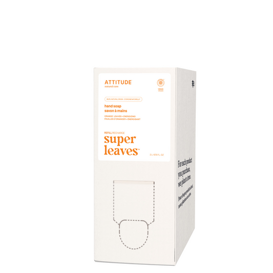 Attitude Super Leaves hand soap with orange leaves eco refill, 2-liter bottle, natural plant-based cleansing product.