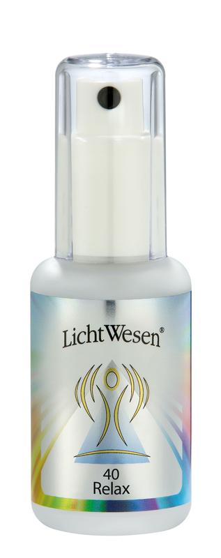 Lichtwesen Relax essence tinctuur 40ml in a glass bottle, used for spiritual relaxation and well-being.