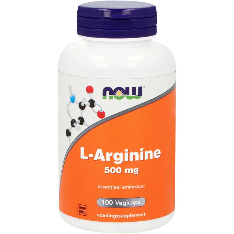 NOW L-Arginine 500mg vegetarian capsules, dietary amino acids supplement, shown in clear bottle with capsules inside.