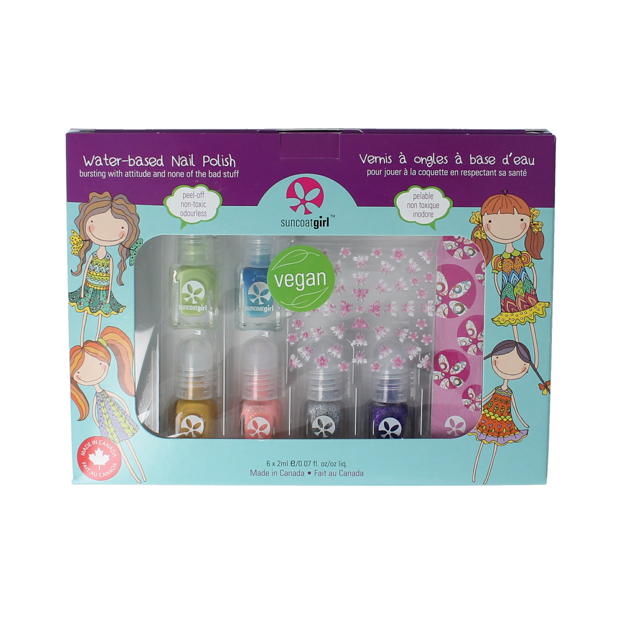 Suncoat Girl vegan mini nail polish set with six 2ml bottles, colorful make-up nail lacquers for kids.