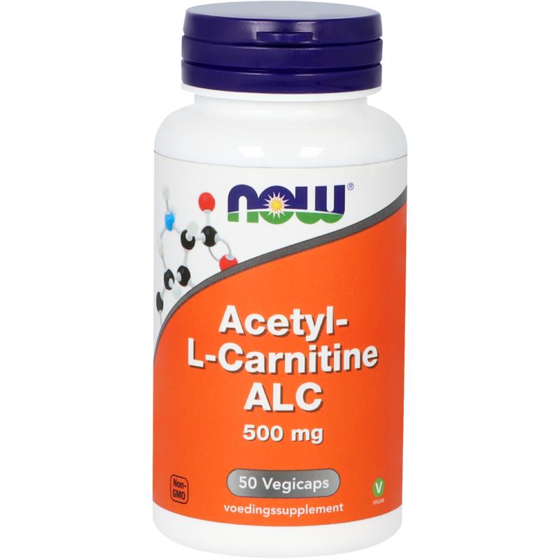 NOW Acetyl-L-Carnitine 500mg vegetarian capsules, dietary supplement, shown in a bottle with capsules inside.
