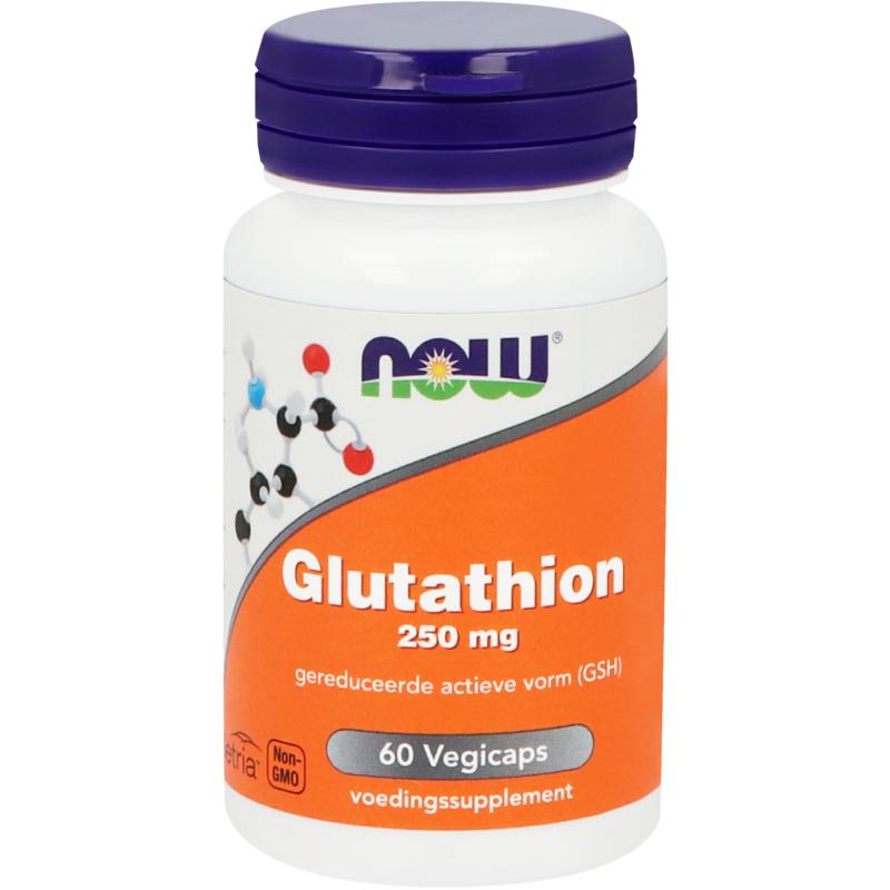 NOW Glutathion 250mg vegetarian capsules, dietary supplement with amino acids in a clear bottle with capsules visible inside.
