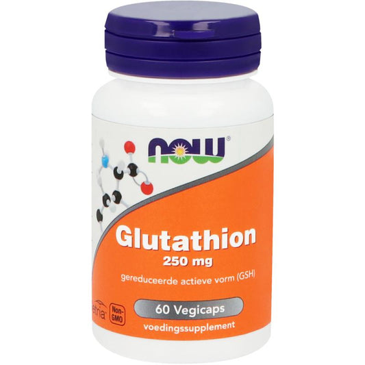 NOW Glutathion 250mg vegetarian capsules, dietary supplement with amino acids in a clear bottle with capsules visible inside.