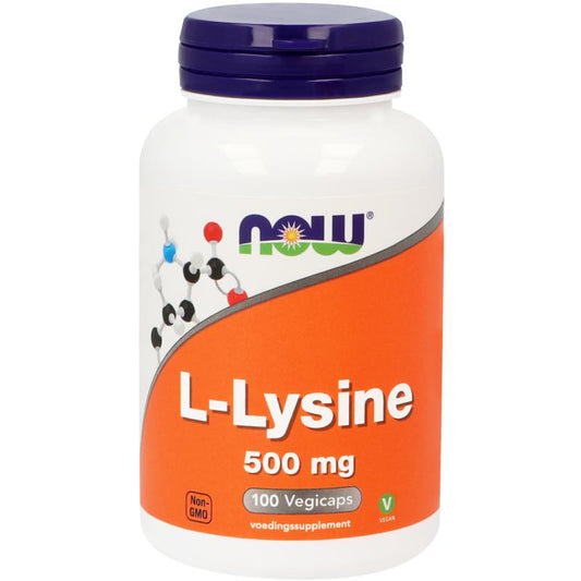 NOW L-Lysine 500mg amino acid capsules, 100-count bottle, dietary supplement for immune support and healthy skin.