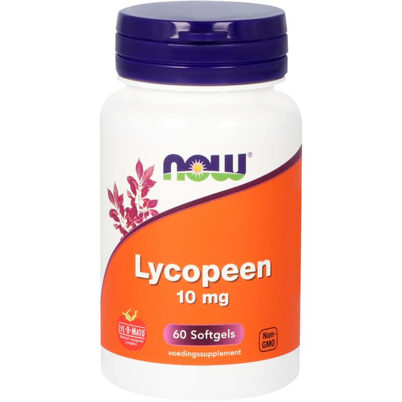 NOW Lycopeen 10mg softgels in a bottle, herbal supplement by NOW, with 60 softgel capsules for antioxidant support.