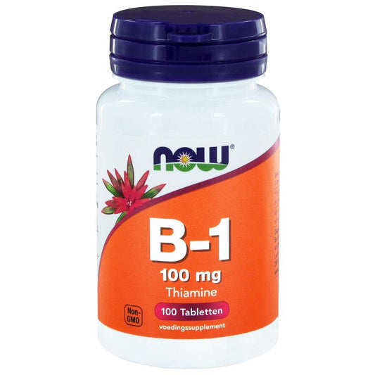 NOW Vitamin B1 100mg tablets, dietary supplement in a bottle, showing the tablets and label details.