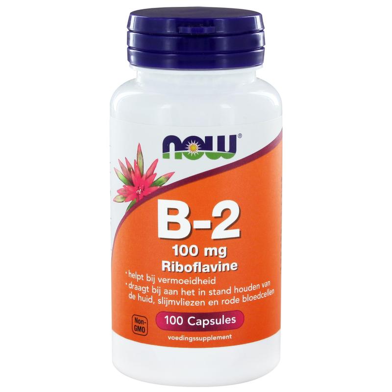 NOW Vitamine B2 100mg vegetarian capsules, dietary supplement with riboflavin, visible in the image.