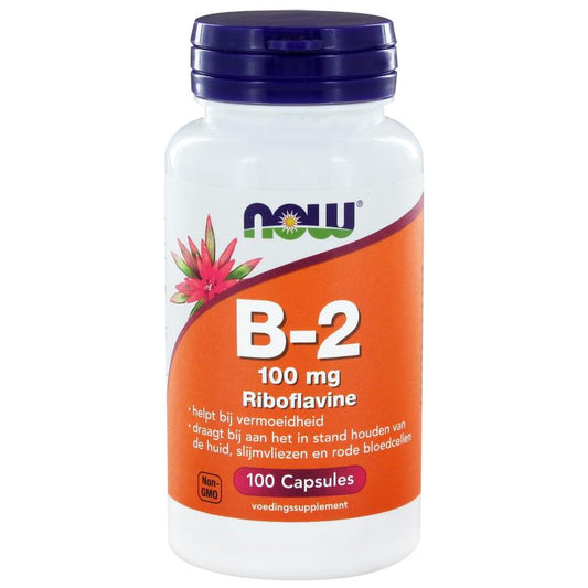NOW Vitamine B2 100mg vegetarian capsules, dietary supplement with riboflavin, visible in the image.
