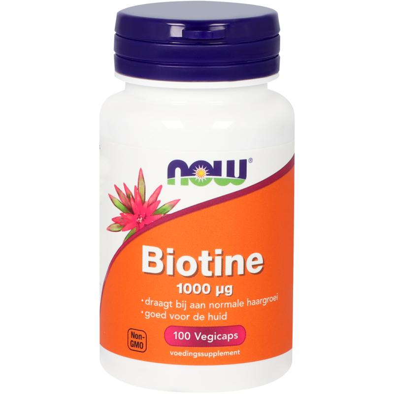 NOW Biotine 1000mcg vegetarian capsules, 100 count, dietary supplement with bright yellow capsules and label details visible.