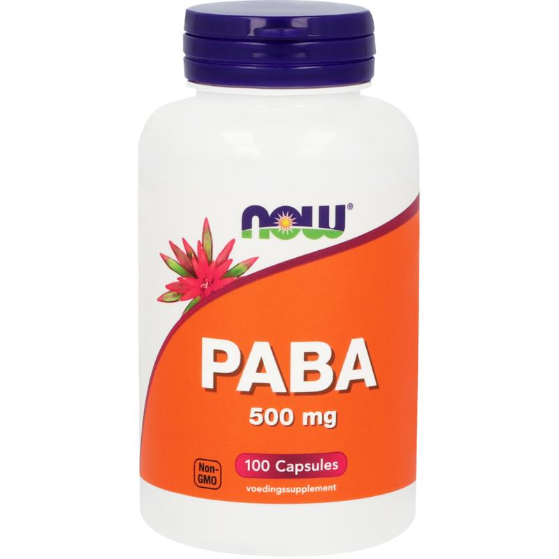 NOW PABA 500mg vitamin capsules, 100-count bottle, showing clear capsules in a container.