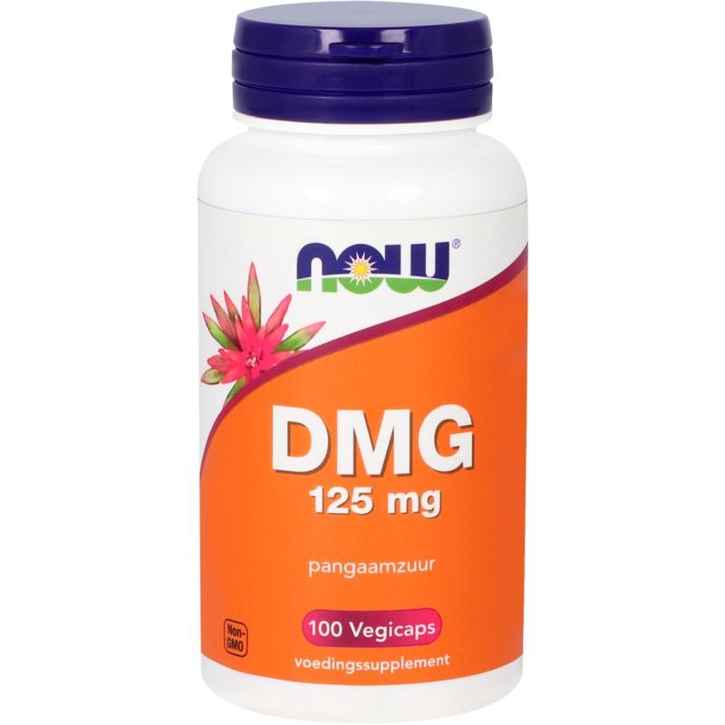 Vegetarian NOW DMG 125mg dietary supplement capsules in a bottle, showing the colorful capsules inside.