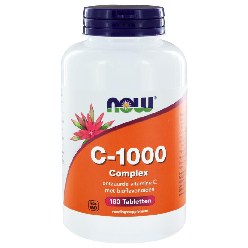 NOW Vitamine C 1000mg complex supplement in bottle with 180 tablets, showing the supplement packaging and tablets.