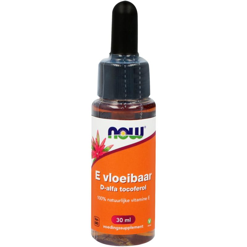 NOW E-vloeibaar D-alfa tocoferol supplement in 30ml bottle, liquid vitamin E for daily health support.
