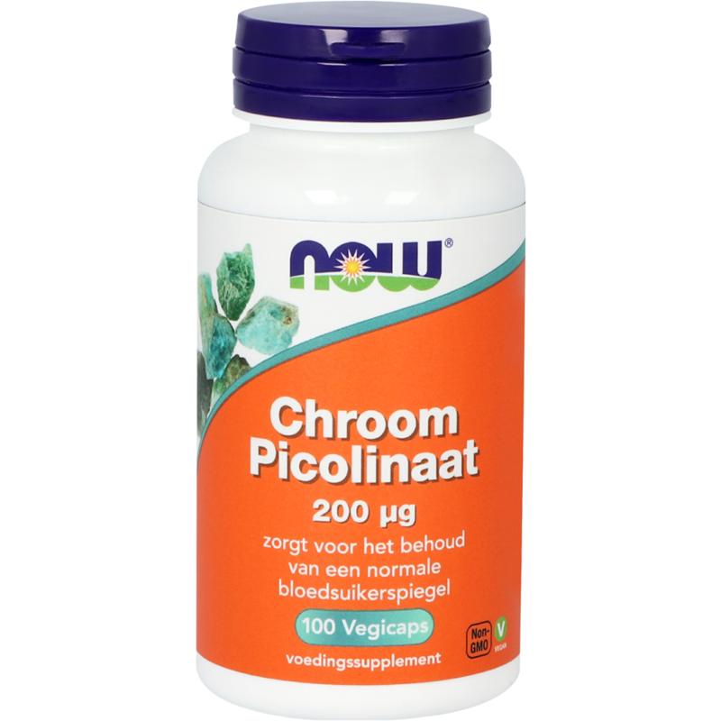 NOW Chroom Picolinaat 200mcg mineral supplement capsules, close-up of 100 capsules in a clear plastic bottle.