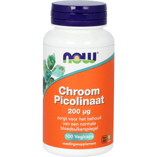 NOW Chroom Picolinaat 200mcg mineral supplement capsules, close-up of 100 capsules in a clear plastic bottle.