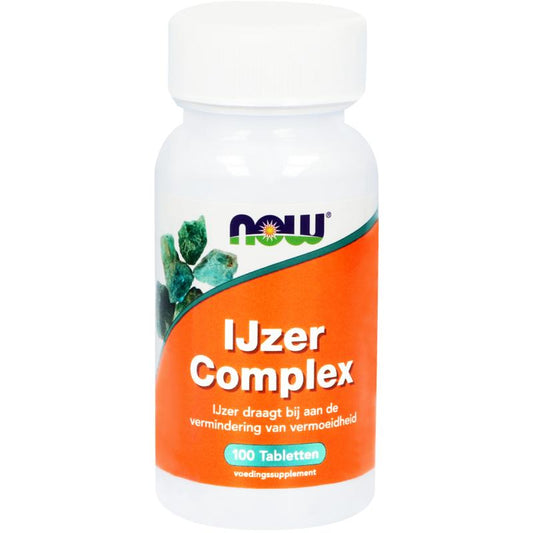 NOW IJzer Complex 100 tablets, mineral supplement showing the tablet packaging and label for iron and mineral support.