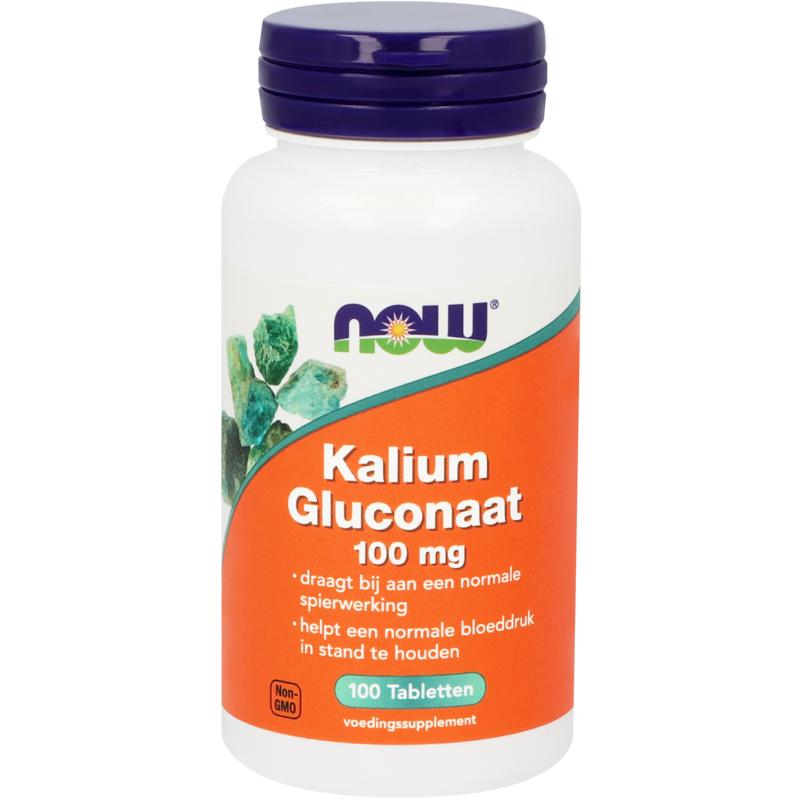 NOW Kalium gluconaat 100mg mineral tablets, showing a close-up of the round, white supplement tablets with branding on the label.