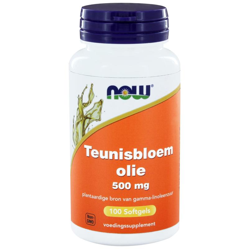 NOW Teunisbloemolie 500mg softgels, dietary supplement with omega fatty acids, in clear softgel capsules.